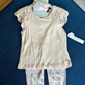 Pink Eyelet Sleeve Top and Floral Leggings Set 3T